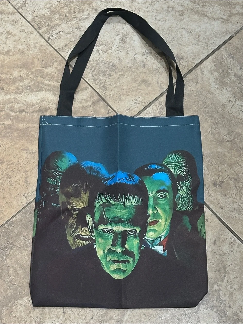 Men's Dark Green Classic Horror Movie Monsters Graphic Tote Bag